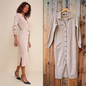 Tan Beige Collared Button-Up Long-sleeve Sweater Midi Dress 🌿